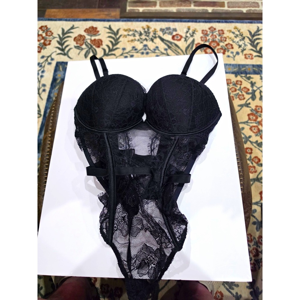 Victoria's Secret Black Floral Sheer One-Piece Teddy Bodysuit L C Cup